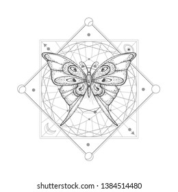 Vector illustration with hand drawn butterfly and Sacred geometric symbol on white background. Abstract mystic sign. Black linear shape. For you design, tattoo or magic craft.