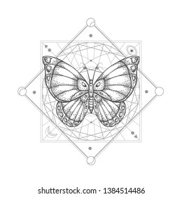 Vector illustration with hand drawn butterfly and Sacred geometric symbol on white background. Abstract mystic sign. Black linear shape. For you design, tattoo or magic craft.