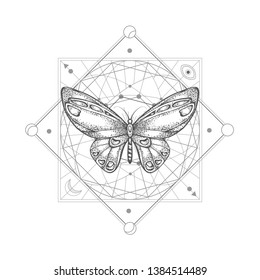 Vector illustration with hand drawn butterfly and Sacred geometric symbol on white background. Abstract mystic sign. Black linear shape. For you design, tattoo or magic craft.