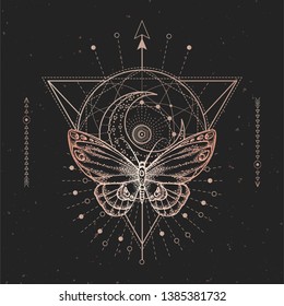 Vector illustration with hand drawn butterfly and Sacred geometric symbol on black vintage background. Abstract mystic sign. Gold linear shape. For you design or magic craft.