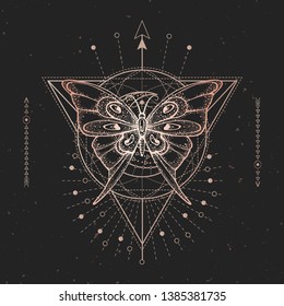 Vector illustration with hand drawn butterfly and Sacred geometric symbol on black vintage background. Abstract mystic sign. Gold linear shape. For you design or magic craft.