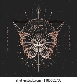 Vector illustration with hand drawn butterfly and Sacred geometric symbol on black vintage background. Abstract mystic sign. Gold linear shape. For you design or magic craft.