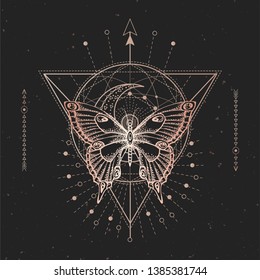 Vector illustration with hand drawn butterfly and Sacred geometric symbol on black vintage background. Abstract mystic sign. Gold linear shape. For you design or magic craft.