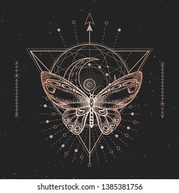 Vector illustration with hand drawn butterfly and Sacred geometric symbol on black vintage background. Abstract mystic sign. Gold linear shape. For you design or magic craft.