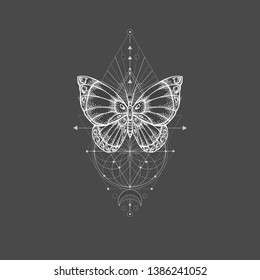Vector illustration with hand drawn butterfly and Sacred geometric symbol on black background. Abstract mystic sign. White linear shape. For you design, tattoo or magic craft.
