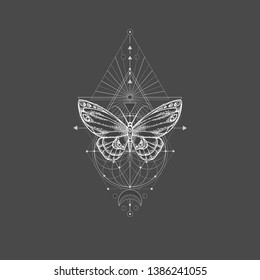 Vector illustration with hand drawn butterfly and Sacred geometric symbol on black background. Abstract mystic sign. White linear shape. For you design, tattoo or magic craft.