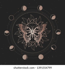 Vector illustration with hand drawn butterfly and Sacred geometric symbol on black vintage background. Abstract mystic sign. Gold linear shape. For you design or magic craft.