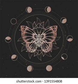 Vector illustration with hand drawn butterfly and Sacred geometric symbol on black vintage background. Abstract mystic sign. Gold linear shape. For you design or magic craft.