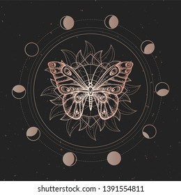 Vector illustration with hand drawn butterfly and Sacred geometric symbol on black vintage background. Abstract mystic sign. Gold linear shape. For you design or magic craft.