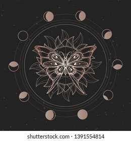Vector illustration with hand drawn butterfly and Sacred geometric symbol on black vintage background. Abstract mystic sign. Gold linear shape. For you design or magic craft.
