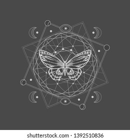 Vector illustration with hand drawn butterfly and Sacred geometric symbol on black background. Abstract mystic sign. White linear shape. For you design, tattoo or magic craft.