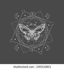 Vector illustration with hand drawn butterfly and Sacred geometric symbol on black background. Abstract mystic sign. White linear shape. For you design, tattoo or magic craft.