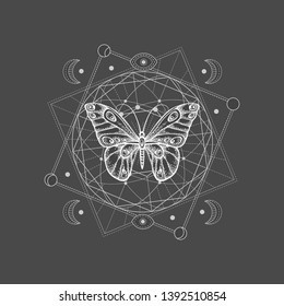 Vector illustration with hand drawn butterfly and Sacred geometric symbol on black background. Abstract mystic sign. White linear shape. For you design, tattoo or magic craft.