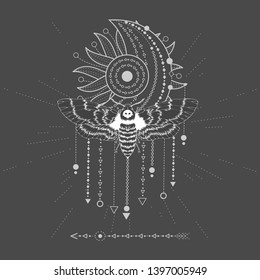 Vector illustration with hand drawn butterfly Dead head and Sacred symbol on black background. Abstract mystic sign.