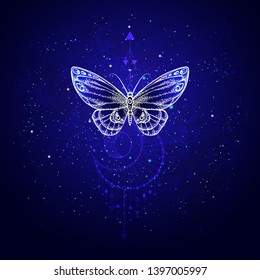 Vector illustration with hand drawn butterfly and Sacred geometric symbol against night starry sky. Abstract mystic sign.