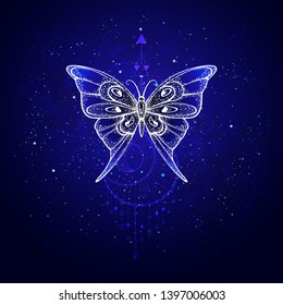 Vector illustration with hand drawn butterfly and Sacred geometric symbol against night starry sky. Abstract mystic sign.