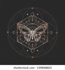 Vector illustration with hand drawn butterfly and Sacred geometric symbol on black vintage background. Abstract mystic sign. 