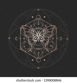 Vector illustration with hand drawn butterfly and Sacred geometric symbol on black vintage background. Abstract mystic sign. 