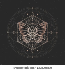 Vector illustration with hand drawn butterfly and Sacred geometric symbol on black vintage background. Abstract mystic sign. 