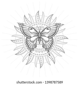 Vector illustration with hand drawn butterfly and Sacred geometric symbol on white background. Abstract mystic sign. Black linear shape. For you design, tattoo or magic craft.