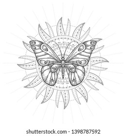 Vector illustration with hand drawn butterfly and Sacred geometric symbol on white background. Abstract mystic sign. Black linear shape. For you design, tattoo or magic craft.