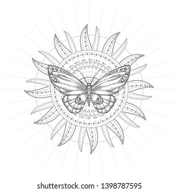 Vector illustration with hand drawn butterfly and Sacred geometric symbol on white background. Abstract mystic sign. Black linear shape. For you design, tattoo or magic craft.