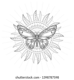 Vector illustration with hand drawn butterfly and Sacred geometric symbol on white background. Abstract mystic sign. Black linear shape. For you design, tattoo or magic craft.