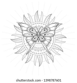 Vector illustration with hand drawn butterfly and Sacred geometric symbol on white background. Abstract mystic sign. Black linear shape. For you design, tattoo or magic craft.