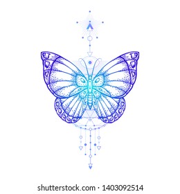 Vector illustration with hand drawn butterfly and Sacred geometric symbol on white background. Abstract mystic sign. Colored linear shape. For you design, tattoo or magic craft.