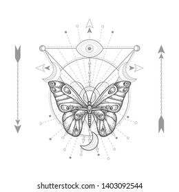 Vector illustration with hand drawn butterfly and Sacred geometric symbol on white background. Abstract mystic sign. Black linear shape. For you design, tattoo or magic craft.