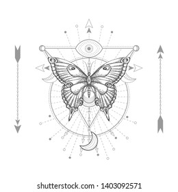 Vector illustration with hand drawn butterfly and Sacred geometric symbol on white background. Abstract mystic sign. Black linear shape. For you design, tattoo or magic craft.