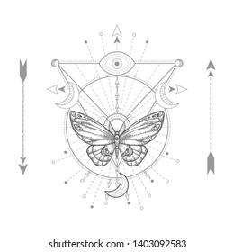 Vector illustration with hand drawn butterfly and Sacred geometric symbol on white background. Abstract mystic sign. Black linear shape. For you design, tattoo or magic craft.