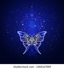 Vector illustration with hand drawn butterfly and Sacred geometric symbol against night starry sky. Abstract mystic sign. Linear shape. For you design or magic craft.