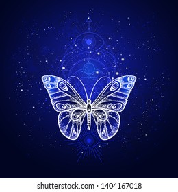 Vector illustration with hand drawn butterfly and Sacred geometric symbol against night starry sky. Abstract mystic sign. Linear shape. For you design or magic craft.