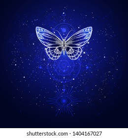 Vector illustration with hand drawn butterfly and Sacred geometric symbol against night starry sky. Abstract mystic sign. Linear shape. For you design or magic craft.