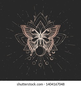 Vector illustration with hand drawn butterfly and Sacred geometric symbol on black vintage background. Abstract mystic sign. Gold linear shape. For you design or magic craft.