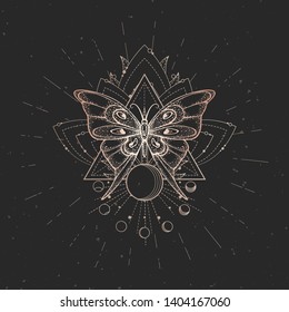 Vector illustration with hand drawn butterfly and Sacred geometric symbol on black vintage background. Abstract mystic sign. Gold linear shape. For you design or magic craft.