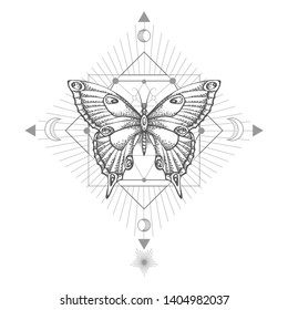 Vector illustration with hand drawn butterfly and Sacred geometric symbol on white background. Abstract mystic sign. Black linear shape. For you design, tattoo or magic craft.