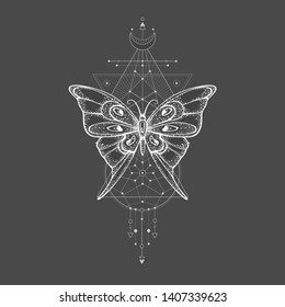 Vector illustration with hand drawn butterfly and Sacred geometric symbol on black background. Abstract mystic sign. White linear shape.  