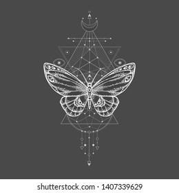 Vector illustration with hand drawn butterfly and Sacred geometric symbol on black background. Abstract mystic sign. White linear shape 