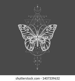 Vector illustration with hand drawn butterfly and Sacred geometric symbol on black background. Abstract mystic sign. White linear shape. For you design, tattoo or magic craft.