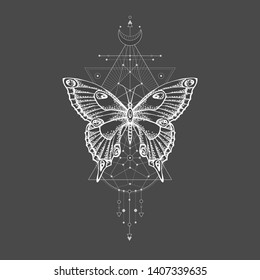 Vector illustration with hand drawn butterfly and Sacred geometric symbol on black background. Abstract mystic sign. White linear shape.  