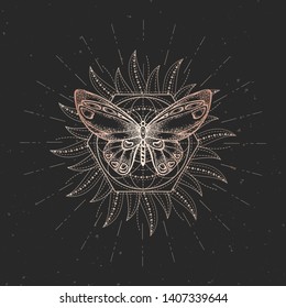 Vector illustration with hand drawn butterfly and Sacred geometric symbol on black vintage background. Abstract mystic sign. Gold linear shape.  