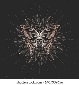 Vector illustration with hand drawn butterfly and Sacred geometric symbol on black vintage background. Abstract mystic sign. Gold linear shape.  