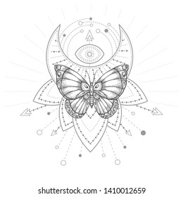 Ilustración vectorial con mariposa dibujada a mano y símbolo geométrico sagrado sobre fondo blanco. Abstractas signo místico. Forma lineal negra. Para su diseño, tatuaje o arte mágico.