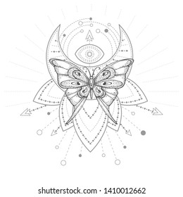 Vector illustration with hand drawn butterfly and Sacred geometric symbol on white background. Abstract mystic sign. Black linear shape. For you design, tattoo or magic craft.