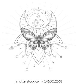Vector illustration with hand drawn butterfly and Sacred geometric symbol on white background. Abstract mystic sign. Black linear shape. For you design, tattoo or magic craft.