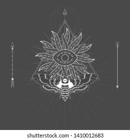 Vector illustration with hand drawn butterfly Dead head and symbol SUN on black background. Abstract mystic sign. White linear shape. For you design, tattoo or magic craft.