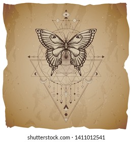 Vector illustration with hand drawn butterfly and Sacred geometric symbol on vintage paper background with torn edges. Abstract mystic sign. Sepia linear shape. For you design or magic craft.