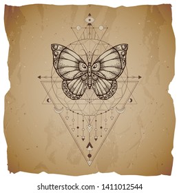 Vector illustration with hand drawn butterfly and Sacred geometric symbol on vintage paper background with torn edges. Abstract mystic sign. Sepia linear shape. For you design or magic craft.